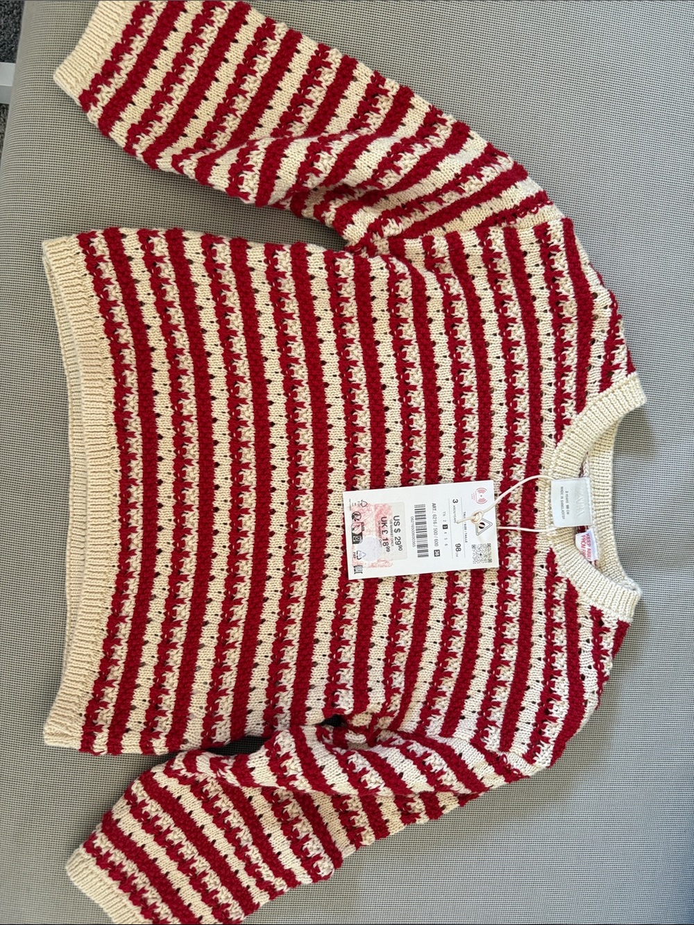 Zara Red and Cream Striped Crewneck Sweater